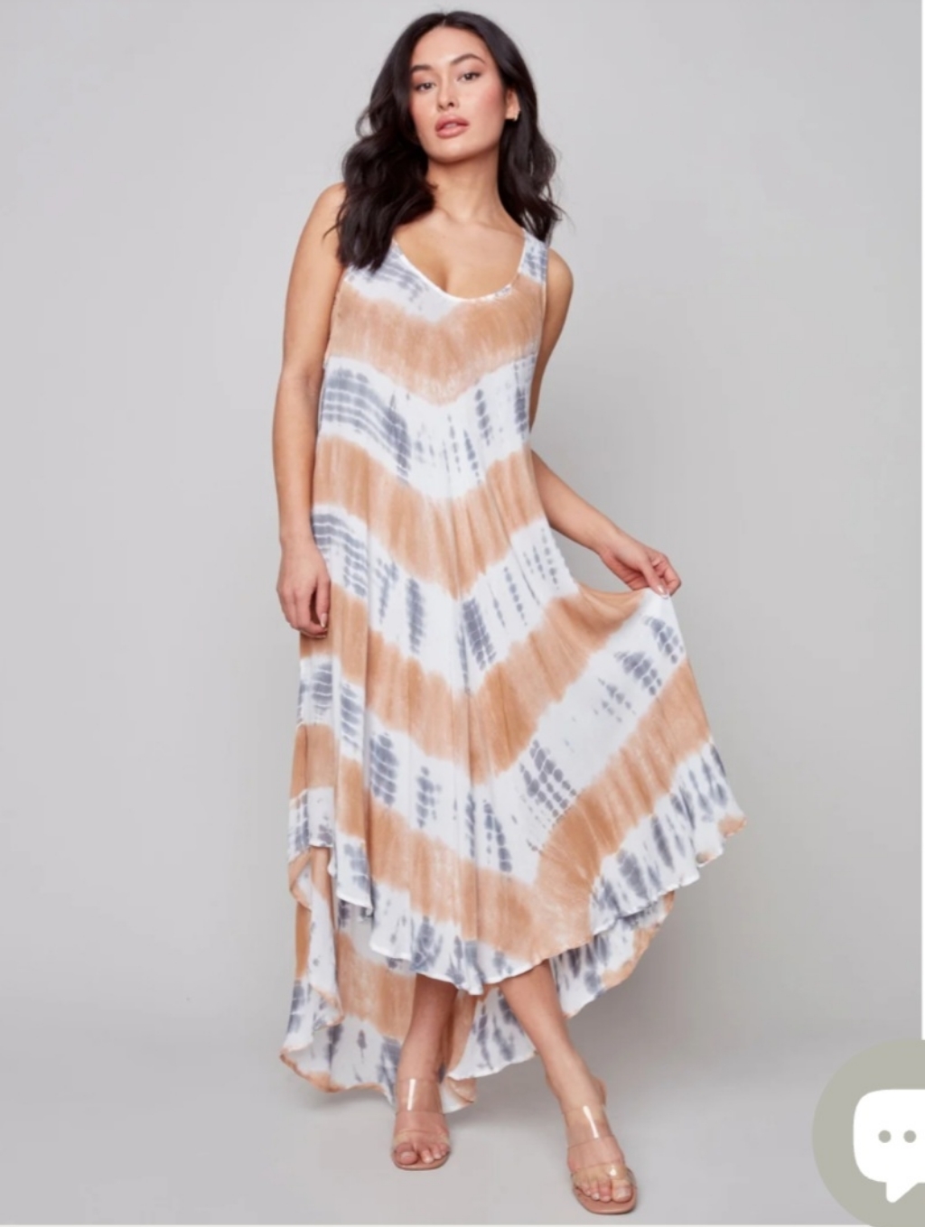 Charlie B Tie-Dye Tan Slate Blue Rayom Flare Summer Beach Maxi Dress S Lg Nwt